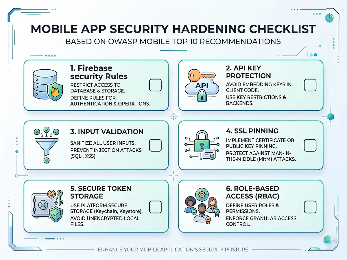 Mobile app security hardening checklist based on OWASP Mobile Top 10 recommendations