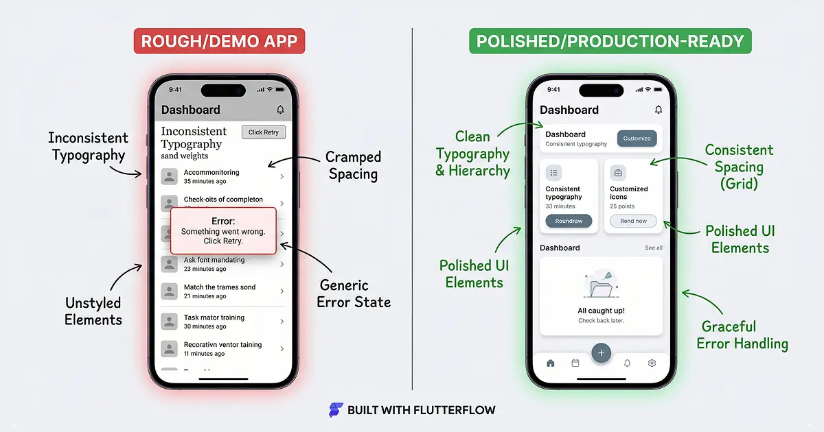 Comparison of a rough mobile app versus a polished production-ready app built with FlutterFlow