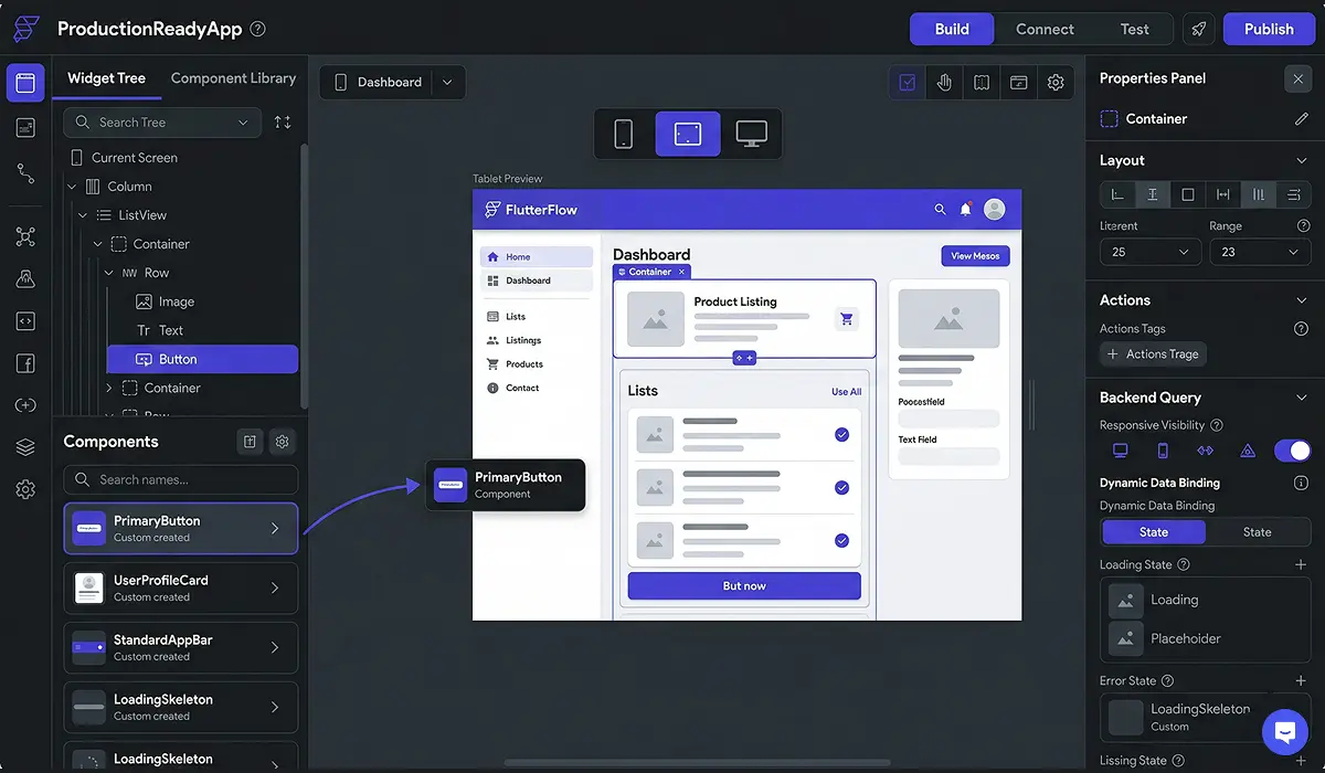 FlutterFlow visual builder interface with responsive design breakpoints and reusable component library