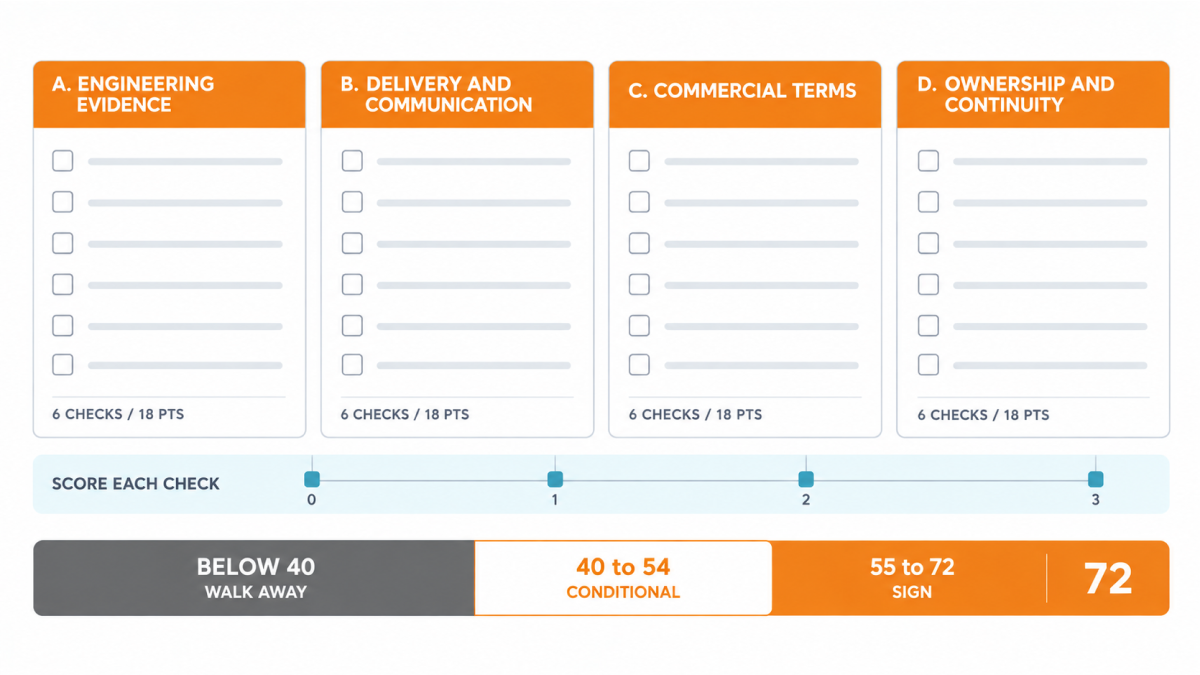 A 24-point scorecard across engineering evidence, delivery and communication, commercial terms and ownership, with a verdict bar reading walk away below 40, conditional at 40 to 54 and sign at 55 to 72