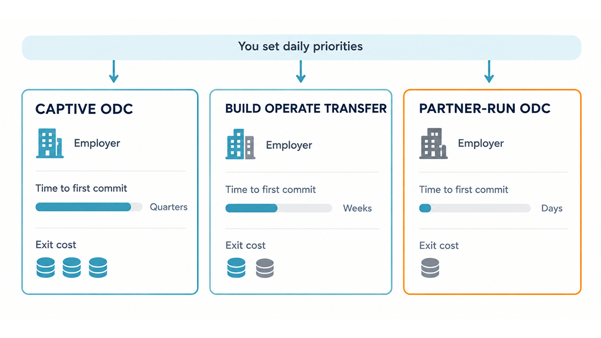 Captive, build operate transfer and partner-run offshore development centers compared on who employs the team, time to first commit and exit cost