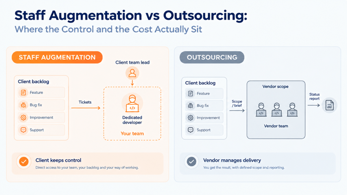 Staff augmentation and project outsourcing side by side: one developer working inside the client's team from the client's backlog, against a vendor-run delivery team