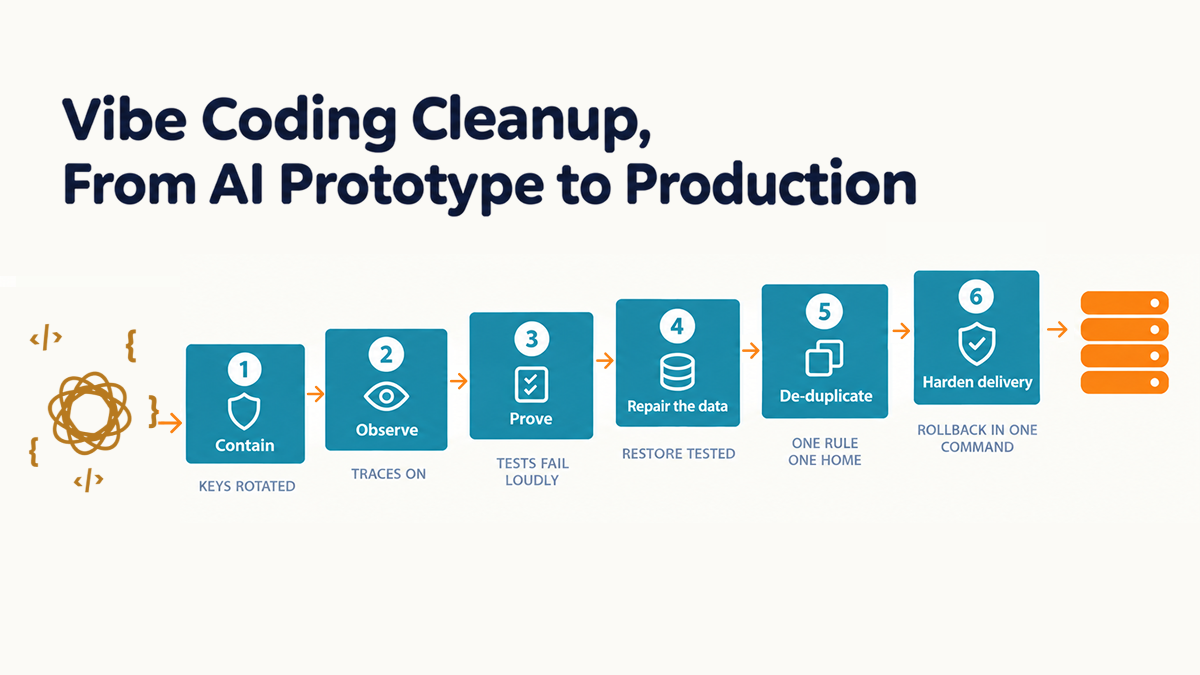 The six-step vibe coding cleanup ladder: contain, observe, prove, repair the data, de-duplicate and harden delivery, leading from an AI-generated prototype to a production system